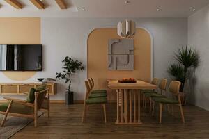 A Dining table decorated in living room interior design with proper furniture allocation 3D rendering photo