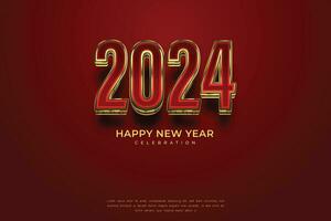 contento nuevo año 2024. rojo dorado 3d números estilo en elegante antecedentes vector