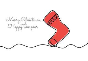 The sock icon is hand drawn in continuous lines. Christmas concept background with handwritten New Year wishes. abstract linear vector illustration