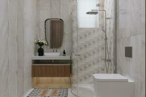 Net and Clean Rest Room Where used Classic Theme, Vase, Sink, Wall texture Tiles 3D rendering photo