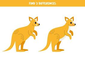 Find three differences between two pictures of cute kangaroo. Game for kids. vector