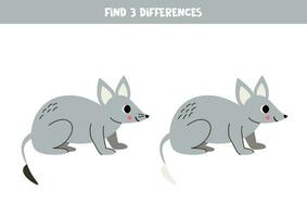 Find 3 differences between two cute cartoon gray bandicoot. vector