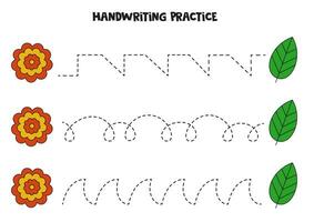 Tracing lines for kids with colorful flower and leaf. Handwriting practice. vector