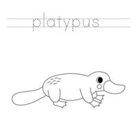 Trace the letters and color cartoon platypus. Handwriting practice for kids. vector