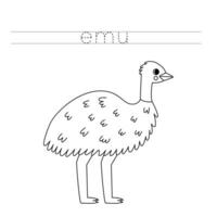 Trace the letters and color cartoon emu. Handwriting practice for kids. vector