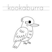 Trace the letters and color cartoon kookaburra. Handwriting practice for kids. vector