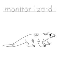 Trace the letters and color cartoon monitor lizard. Handwriting practice for kids. vector