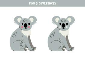 Find 3 differences between two cute cartoon koalas. vector