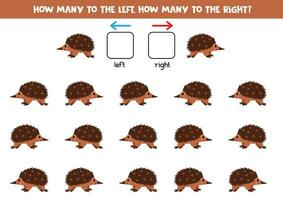 Left or right with cute cartoon echidna. Educational game to learn left and right. vector