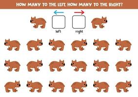 Left or right with cute cartoon wombat. Educational game to learn left and right. vector