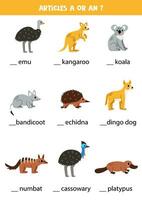 Articles a and an. Write the missing articles. Cute Australian animals. vector