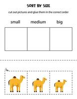 Sort cute camels by size. Educational worksheet for kids. vector