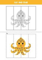 Cut and glue game for kids. Cute cartoon blue ring octopus. vector