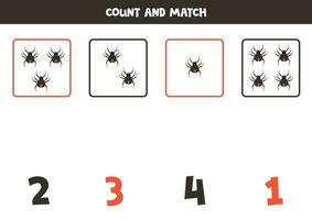 Counting game for kids. Count all red back spiders and match with numbers. Worksheet for children. vector