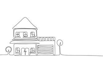 House one line continuous. House with garage line art. Outline home building. Vector illustration.