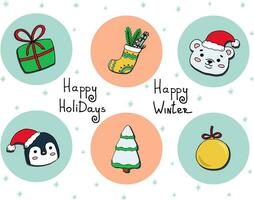 New Year's set. A bear, a penguin, a Christmas tree, a ball decoration, a stocking with gifts and with a greeting text vector