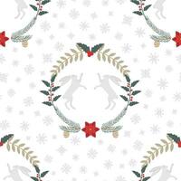 Christmas pattern with a rabbit, holly, spruce branches, poinsettia, snowflakes and berries. New Year pattern vector