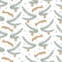 Christmas pattern with a squirrel, snowflakes, spruce branches and cones. New Year's illustration in a flat style vector