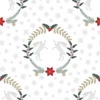 Christmas pattern with a rabbit, holly, spruce branches, poinsettia, snowflakes and berries. New Year pattern vector