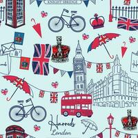 Vector hand drawn illustration with London symbols. England London attractions seamless texture.London icons seamless pattern