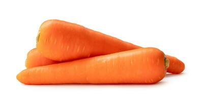 Fresh beautiful orange carrots in stack isolated on white background Close up of healthy vegetable root photo