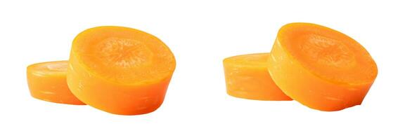 Front view of two pair of separated beautiful orange carrot slices isolated on white background with clipping path photo