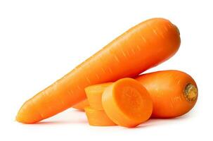 Two fresh orange carrots with slices in stack isolated on white background with clipping path. Close up of healthy vegetable root photo