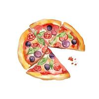Hand drawn slice of pizza. Watercolor sketch isolated on white background. Vector illustration for food design