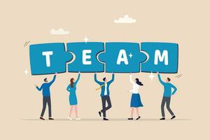 Team puzzle jigsaw connect, teamwork solving problem or cooperation for team success, collaboration idea, colleague work together concept, business people coworker help connect team jigsaw. vector