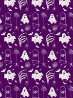 Spooky Halloween seamless pattern on purple background. White horror elements for Halloween party decoration. Holiday design for decoration, textile, wrapping paper, web banner, social media graphics vector