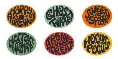 Groovy Halloween set of hand drawn lettering in oval shape. Typographic flat isolated stickers or printouts on colored background. Creepy and spooky slogans. Ideal for t shirt print, decoration vector