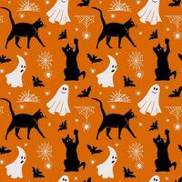 Creepy Halloween pattern om orange background. Black and white holiday design for Halloween party decoration, textile, wrapping paper, web banner, social media graphics vector