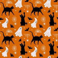 Siniestro Víspera de Todos los Santos modelo om naranja antecedentes. negro y blanco fiesta diseño para Víspera de Todos los Santos fiesta decoración, textil, envase papel, web bandera, social medios de comunicación gráficos vector