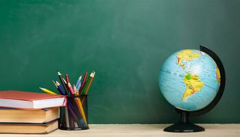 globe, pencil, pen and book on a green blackboard background and empty space on left side photo