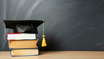 Arrangement of different books on table with graduation cap on black chalkboard background photo