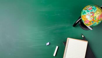 globe, pencil, pen and book on a green blackboard background and empty space on left side photo