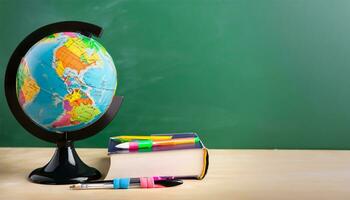 globe, pencil, pen and book on a green blackboard background and empty space on left side photo