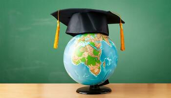 globe, pencil, pen and book on a green blackboard background and empty space on left side photo