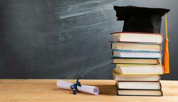 Arrangement of different books on table with graduation cap on black chalkboard background photo