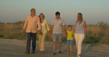 Big family walking in the countryside at sunset video