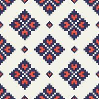 Geometric floral embroidery pattern. Geometric floral seamless pattern colorful pixel art style. Geometric traditional stitch pattern use for textile, wallpaper, cushion, upholstery, wrapping. vector