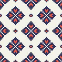 Geometric floral embroidery pattern. Geometric floral seamless pattern colorful pixel art style. Geometric traditional stitch pattern use for textile, wallpaper, cushion, upholstery, wrapping. vector