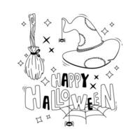 Set of cartoon Halloween elements and lettering. Happy Halloween. Hat and broom. Line art. vector