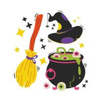 Set of cartoon Halloween elements. Broom, hat and a bowler hat with eyes. vector