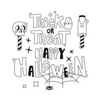 Set of cartoon Halloween elements and lettering. Happy Halloween. Trick or treat. Line art. vector