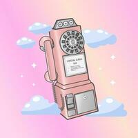 Vector hand drawn illustration of cute retro vintage pink telephone