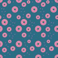 Hand drawn seamless pattern with colorful donuts with pink icing on a dark background. Vector illustration