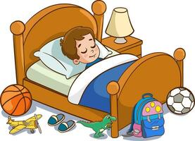 vector illustration of cute children sleeping in his bed