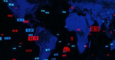 de alta tecnología tierra mapa holograma, visualización de conexión y grande datos, binario código. móvil y tecnológico señales global telecomunicaciones. comunicación tecnología global mundo red. video