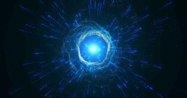Abstract space scene with animation of glowing particles emitting beams of light, explosion of blue particles, tunnel to space, seamless loop video